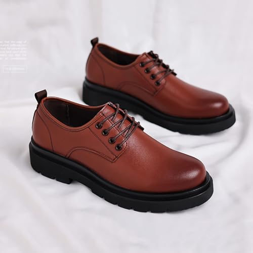 Image of Men's Vintage Leather Lace Up Platform Oxfords Shoes Black Round Toe Soft Rubber Sole Non-Slip Waterproof Business Formal Derby Dress Shoes
