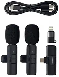 Kit Microfone de Lapela Duplo Sem Fio Universal para Celular iPhone (Lightning) e Android (USB-C), Profissional com Redução de Ruído, Plug and Play para Vlog, Entrevista e Live, Alcance 20m