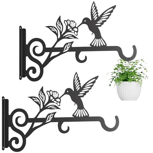 Qiaogreen 2-Pack Aesthetic Plant Hangers Outdoor – 10 Inch Metal Hanging Plant Bracket with Beautiful Hummingbird Pattern – Anti Rust Plant Hooks for Hanging Plants, Bird Feeder, Windchime, Lantern