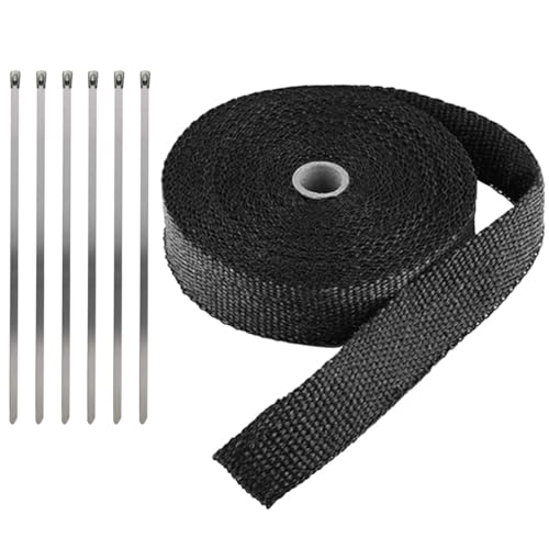 LKRXW Black Exhaust Heat Wrap 1" x 16 Feet Motorcycle Exhaust Header Pipe Wrap Fiberglass Heat Shield Tape Car Manifold Insulation Thermal Protection with 6pcs Stainless Ties