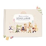mintkind® Erinnerungsbuch Einschulung Beige – Mein erstes Schuljahr für Kinder – Einschulungsbuch DIN A5 mit Fragen, Malvorlagen & Rätseln – Hardcover Album Schule – 60 Seiten Fadenheftung