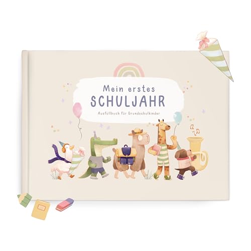 mintkind® Erinnerungsbuch Einschulung Beige – Mein erstes Schuljahr für Kinder – Einschulungsbuch DIN A5 mit Fragen, Malvorlagen & Rätseln – Hardcover Album Schule – 60 Seiten Fadenheftung