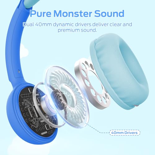 Image of Monster Cute SK100 Kids Bluetooth Headphones, 85 /94dB Safe Volume Limited, 60 Hours Playtime, Bluetooth 6.0, On-Ear Toddler Headsets with Built-in Mic, Lightweight Wireless Headphones for Kids, Blue