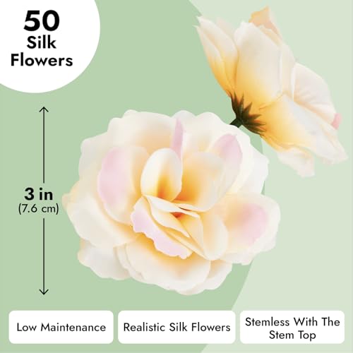Image of Bright Creations Artificial Roses - 3-Inch Champagne, 50-Pack Stemless Silk Heads - Silk Roses for Wedding DIY Bouquets - Gold Flowers for Centerpieces & Home Decor