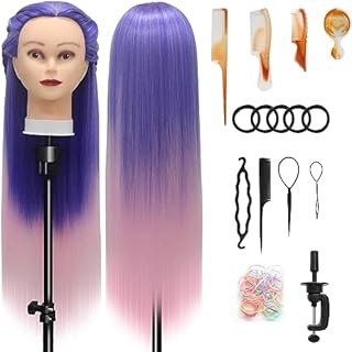 Training Head, 28 inch Styling Head 100% Synthetic Fibres Hairdressing Head Hairdresser Training Heads with Free Clamp and DIY Braiding Set (Blue powder)