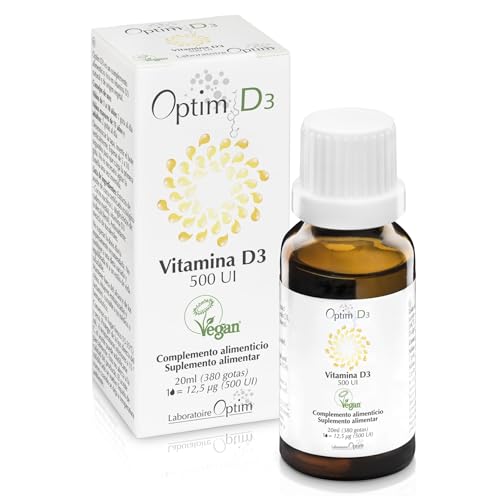 OPTIM D3 Vitamina D en gotas 500 UI vegana vegetal de liquen natural | Suplemento Bebe, niños, adultos, embarazo - Aceite de coco MCT con sabor agradable - 380 dosis