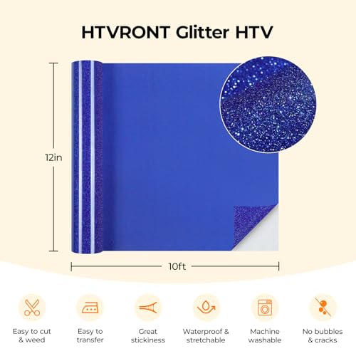 Image of HTVRONT Royal Blue Glitter HTV Heat Transfer Vinyl - 12 inch x 10ft Royal Blue Glitter Iron on Vinyl for Shirts, Glitter HTV Vinyl Rolls for Heat Transfer Design