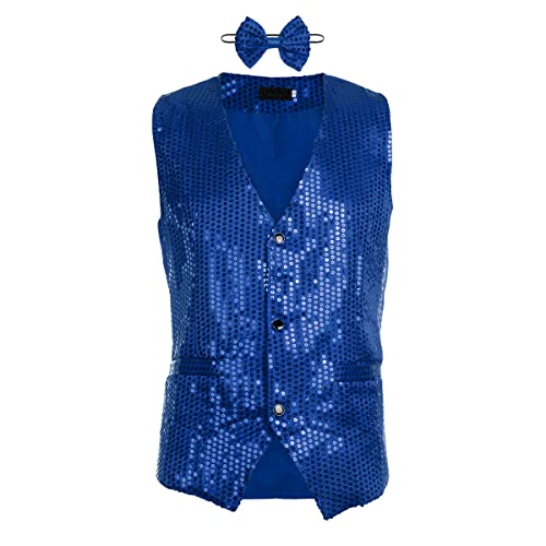 Hulpvktsgiq Men's Sequin V-Neck Suit Vests Formal Men Shiny Vest Tie Waistcoat with Pockets for Tuxedo Wedding