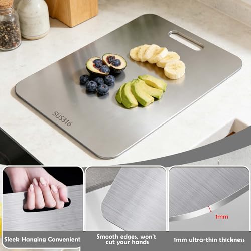 Funnity 2 Stücke Titan Schneidebrett, S316 Schneidebrett Edelstahl, Doppelseitiges Lebensmittel Grade Schneidbretter, Schneidebretter zum Schneiden von Fleisch, Brot, Gemüse und Obst 4