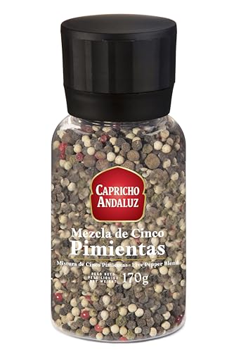 CAPRICHO ANDALUZ Molinillo Mezcla 5 Pimientas 170gr- Condimento Perfecto para Añadir un Toque Picante y Aromático a tus Carnes y Comidas.
