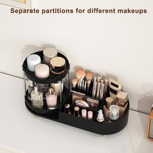Image of Makeup Organizer Countertop for Vanity with 360 Rotating Perfume Trays, 7-Compartment Skincare Organizers and Make Up Desk Storage, Cosmetic Organizer with Brush Holder for Bedroom Bathroom Counter