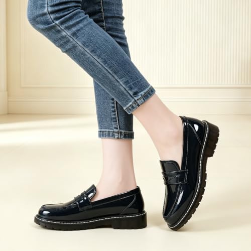 Image of Black Penny Loafers for Women, Shiny Comfortable Dress Work Shoes