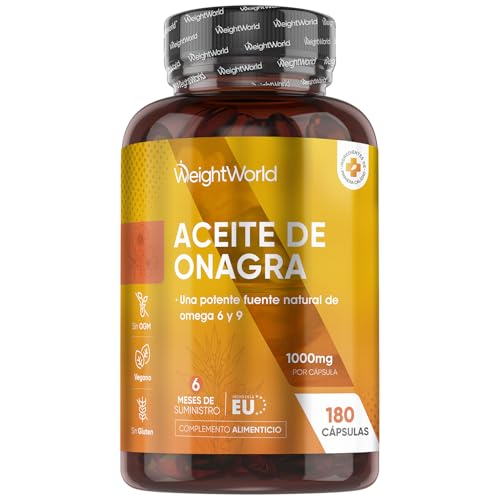 Perlas de Aceite de Onagra 1000mg - 180 Cápsulas, Fuente Natural de Omega 6 y 9 - El Ácido Linolénico Contribuye a Mantener Niveles Normales de Colesterol en Sangre (EFSA) - Prensadas en Frío, Vegano