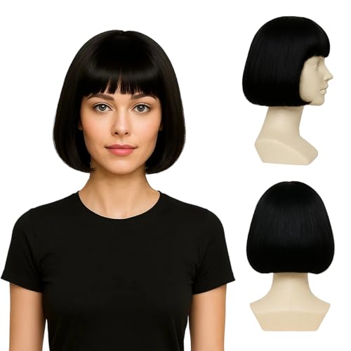 Black Bob Wig Wigs for Black Women 35cm Natural Looking Synthetic Hair Adjustable Cap for Daily Use and Cosplay Parties