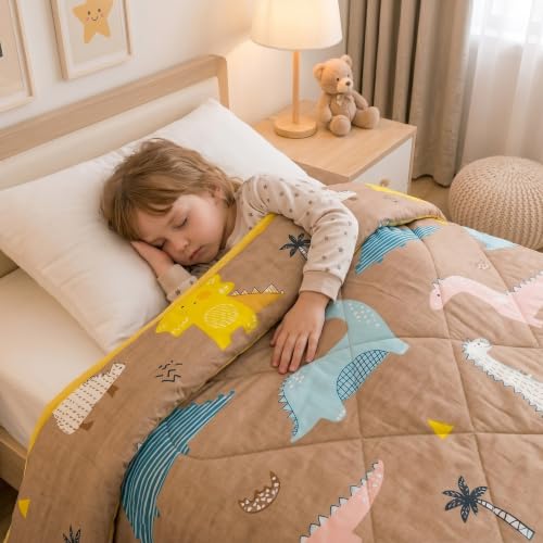 Image of Filymore Danasour Comforter for Kids Boys - Cute Cartoon Print Single Bed Blanket, Microfiber Dohar for Boys & Girls | Soft Kids Winter & Summer Quilt|60x90 Inches (Brown)