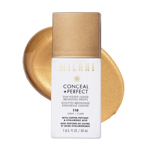 Milani Bronzer- Sun Kiss Bronzing Drops, Conceal + Perfect Liquid Bronzer for Sheer, Weightless Coverage & Hydration enriched with Peptides & Tripeptides - Light