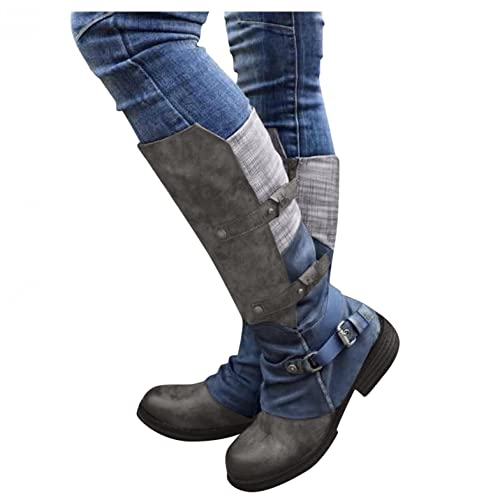 Hbeylia Boots For Women Vintage Slouchy Plaid Leather Round Toe Chunky Block Low Heels Pullon Wide Mid Calf Riding Work Boots Boho Casual Metal Buckle Winter Fall Long Tall Combat Boots