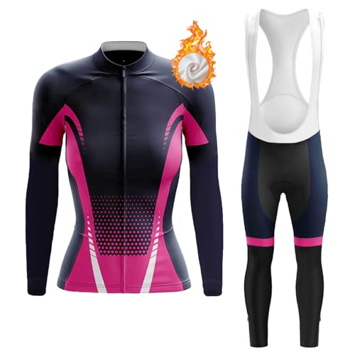 Abbigliamento Ciclismo Donna Invernale Completo Bici MTB,Maglia Ciclista Maglietta da Ciclo Termico Vello Giacca Manica Lunga e Salopette Pantaloni con 19D Gel Imbottiti,Tuta Bicicletta Strada|5,XL