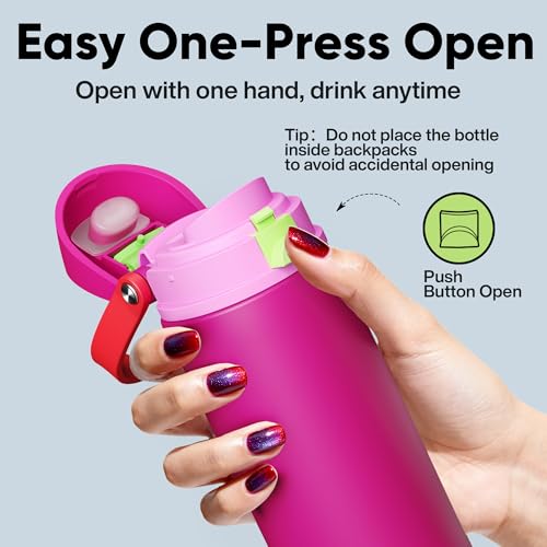 Image of Insulated Water Bottle with Straw - Encool Stainless Steel Water Bottle with Push Button Lid, Leak-Proof & BPA-Free, Keeps Cold for 24 Hours for Sports, Travel, Gym (24 oz, Cerise Pink)