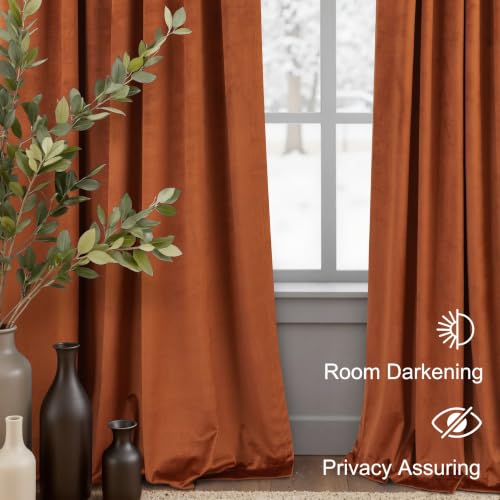 Image of Terracotta Velvet Curtains 84 Inch Length 2 Panels Set Back Tab Luxury Boho Blackout Curtain for Living Room Bedroom Thermal Insulated Soft Window Drapes Brick Rust Orange Bohemian Fall Decor 7FT Long