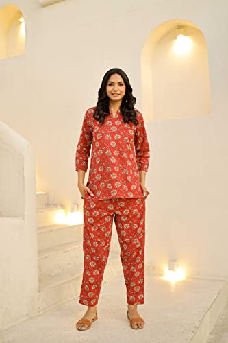 Image of SANSKRUTIHOMES Women's Premium 100% Cotton Printed Co-Ord Set | Short Sleeve Shirt & Pant Set | Pink Checkered Sun & Palm Tree Print | Casual Summer Resortwear, Vacation Wear & Comfortable Loungewear