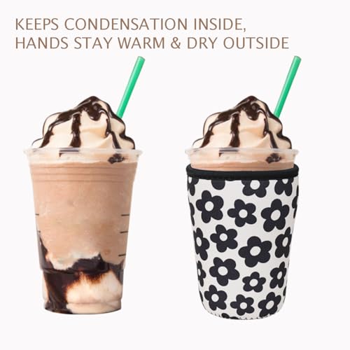Image of Reusable Insulated Neoprene Iced Coffee Cup Sleeve, Durable Drink Sleeve for Cold Beverages, Beverage Holder for Iced Coffee (Black Flowers)
