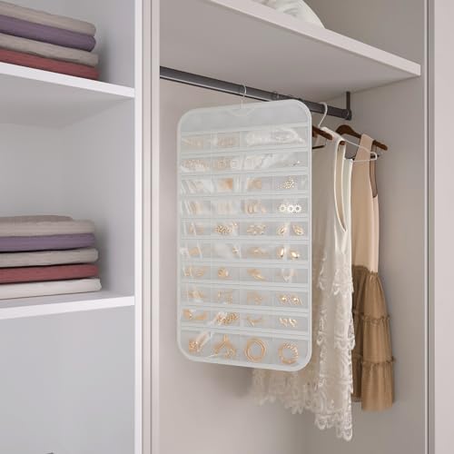 DonYeco 1 Pack Hanging Jewelry Organizer 80-Pocket Dual-sided Jewelry Storage for Earring Necklace Bracelet Ring Travel Holder, White