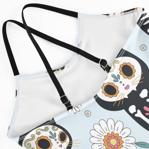 Girls One Piece Swimsuits Black Cat Skeleton Sugar Skull Pattern Sport Halter Swimwear Beach Bathing Suit, 4T4