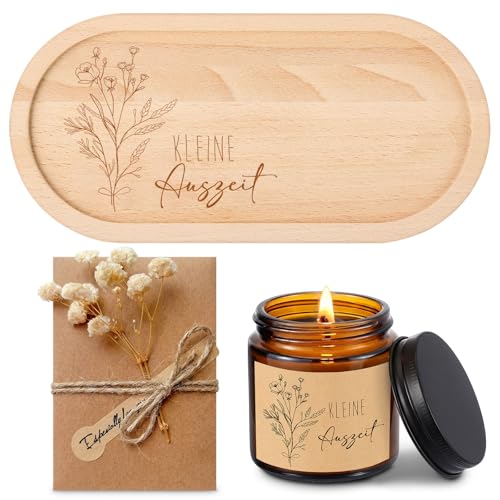 BBTO Geschenkset für Frauen Kleine Auszeit Geschenk, Jasmin Duftkerzen im Glas aus Sojawachs Holz Tablett mit Gravur, Wellness Geschenke für Frauen Geburtstagsgeschenk, Freundin, Schwester, Kollegin