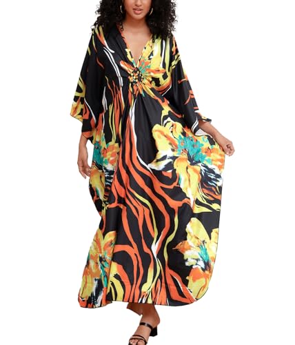 sunforyou Kaftan Dresses for Women Orange Floral 70s Dress for Women Caftans Plus size V-neck Batwing Sleeve Loungewear 8693-14