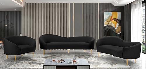 Image of Rosewood Luxury Curved Sofa in Premium Boucle Fabric | Solid Wood Structure | High Density Foam | Sturdy Golden Legs | Comfortable & Stylish Couch for Modern Living Room (Black, 2 Seater)