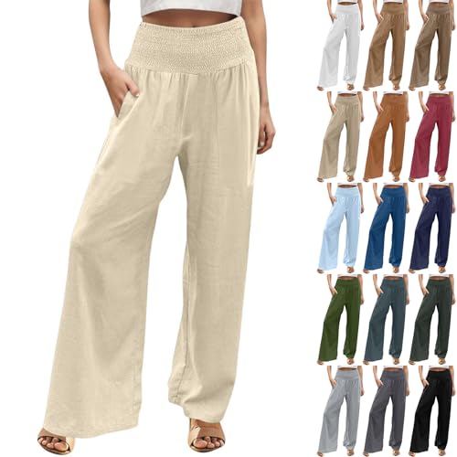 Wide Leg Pants for Women Summer Cotton Linen Elastic Waist Smocked Flowy Pull On Pants Travel Casual Trendy Spring Loose Comfortable Dance Studio Trousers with Pockets Plus Size Clothes Black