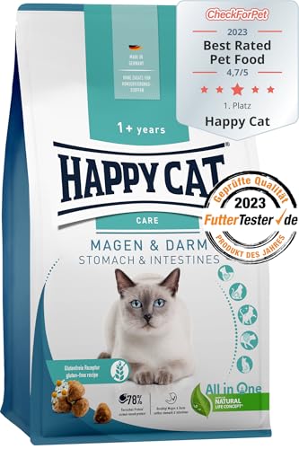 Happy Cat 70596- Care Magen & Darm - Katzen-Trockenfutter mit Ente für Sensible Katzen und Kater - 1,3 kg Inhalt