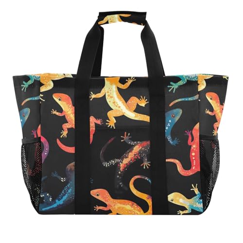 STAYTOP Colorful Gecko Beach Bags for Women - Waterproof Sandproof Beach Tote with Pocket for Travel Vacation Gym
