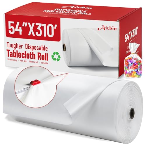 Image of Plastic Table Cloth, 310 Ft x 54 in Disposable Tablecloth White Plastic Tablecloth with Any Cut Sliding Cutters and 100 Bags Premium PEVA Table Cover Roll for Picnics, Parties, Birthdays, Weddings