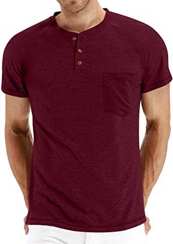 NITAGUT Men s Summer Casual T-Shirts Front Placket Raglan Short Sleeve Henley Shirts with Pocket 3XL, Wine Red