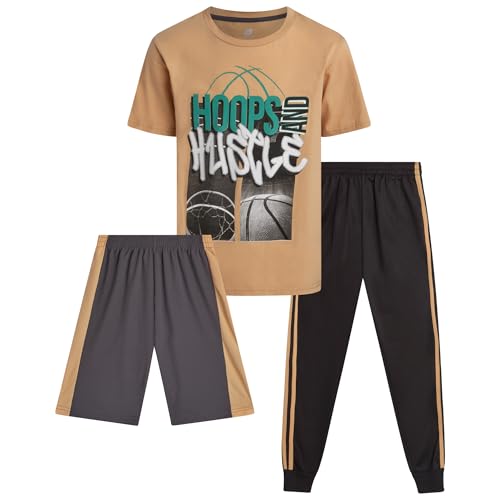 Image of Pro Athlete Boys Pants Set - 3 Piece Active Short Sleeve Graphic Tees Athletic Shorts and Jogger Sweatpants for Boys