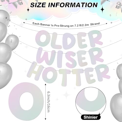 Image of Fulmoon Set of 3 Pre Strung Older Wiser Hotter Glitter Banner Funny Birthday Banner for Women 30th 40th 50th 60th 70th 80th Birthday Party Decorations Sign Gift(Iridescent)