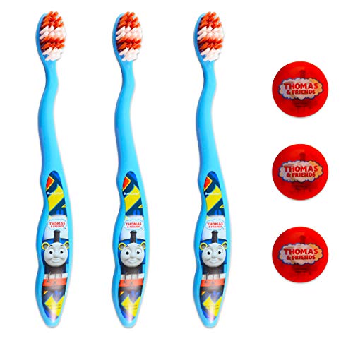 Thomas and Friends Boys Toothbrush Set - 3 Pack Thomas The Train Toddlers Kids Toothbrush Set with Toothbrush Cover (Toothbrushes for Kids)