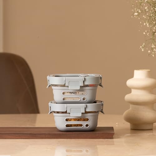 Image of GLASAFE Borosilicate Glass Lunch Box for Office w /t Air-Tight lid & Protective Silicone Sleeve | Tiffin Box for Men & Woman | Microwave & Dishwasher Safe | Leakproof Design | Set of 2-320ml (Grey)