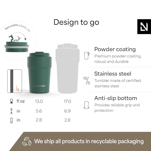Image of LARS NYSOM Thermo Coffee Mug to go 13oz | Travel Mug 0.38 Liter with Insulation | Silicone grip base | Leak Proof Stainless Steel Tumbler for Coffee and Tea on the Go (Powder Pine Green, 13oz)