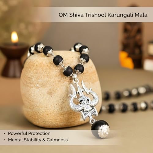 Image of Divine Hindu OM Shiva Trishool Karungali Mala with Silver Caps | Black Ebony Wood Spiritual Necklace | Protection, Meditation, Healing, Energy Balance, Shiva Bhakti Mala | for Men & Women - 108beads