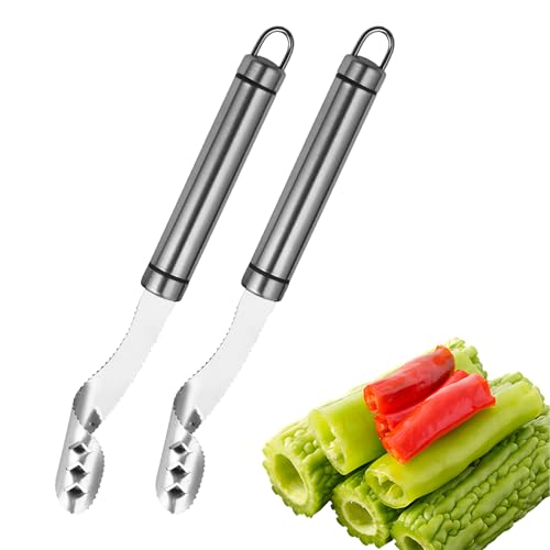 2pcs Jalapeno Pepper Corer, 2 in 1 Chili Corer Tool - Stainless Steel Pepper Seed Remover with Serrated Slice & Handle, for Slicing Off Vegetable Tops or Removing Pepper Cores