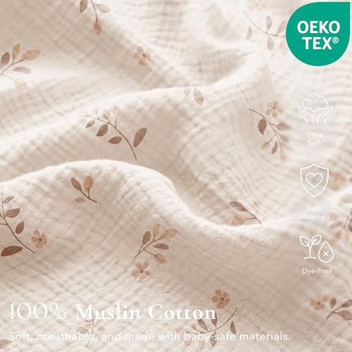 Image of Konssy Muslin Crib Sheets for Girl Boy, 2 PCS Soft and Breathable Cotton Baby Sheets for Standard Crib Mattress, 52 inchx 28 inch (Pink Sun,Khaki Leaf)