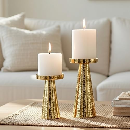 Image of Behoma Handcrafted Hammered Gold Metal Pillar Candle Holders Pack of 5 Sets | Decorative Candle Stand Set for Modern Centerpiece for Home Decor, Dining Table, Wedding, Diwali & Housewarming Gifts | Golden leaf-shape metal tray, small size; perfect for mandap, haldi, mehendi & Navratri decor.