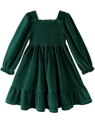 Girls Long Sleeve Dress Velvet Square Neck Midi Fall Winter Long Sleeve Vintage Plain Dress 4-12Y4
