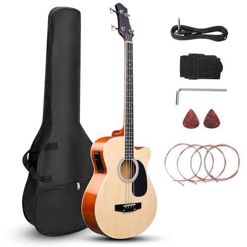 Ktaxon 4 String Acoustic Bass Guitar, Full Size Bass Guitar Kit with Portable Guitar Bag, Premium Cable, Wrench, Strap, Plectrum (Natural)