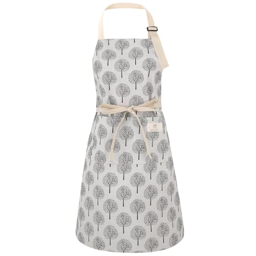 Halinuia Schürze Kochschürze Damen Antifouling Verstellbare Küchenschürze mit 2 Großen Tasche Latzschürze für Kochen Backen Hausarbeit Gartenschürze (Cremeweiß)
