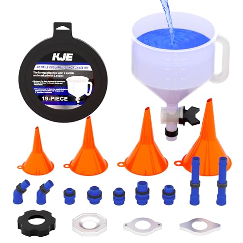 KJE No-Spill Coolant Funnel Kit, Radiator Funnel Burping Set, 19PCS Spill Free Funnel Coolant Bleeder Cooling System, Adapters for Universal Vehicle
