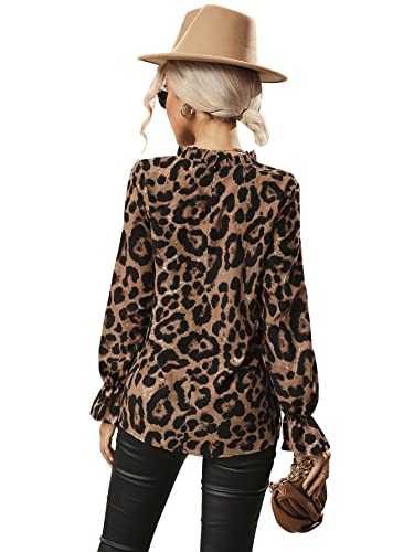 Floerns Women's Leopard Print Elegant Long Sleeve Frill Trim Mock Neck Blouse Tops2